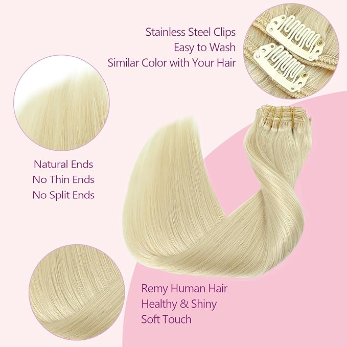 PINKPEARL Clip in Hair Extensions #60 Platinum Blonde Clip in Hair Extensions Real Human Hair 7pcs 120g 14inch Blonde Hair Extensios Clip ins for Women Straight Natural Human Hair Clip ins (#60-14)