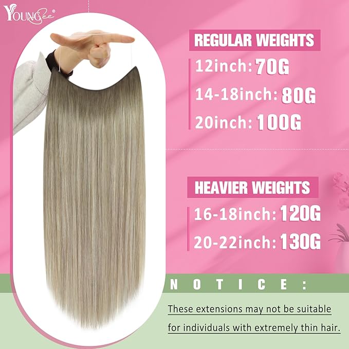 YoungSee 120G Wire Hair Extensions Human Hair Ombre Hair Extensions Invisible Wire Balayage Ash Blonde Ombre Platinum Blonde Fish Line Extensions 18Inch