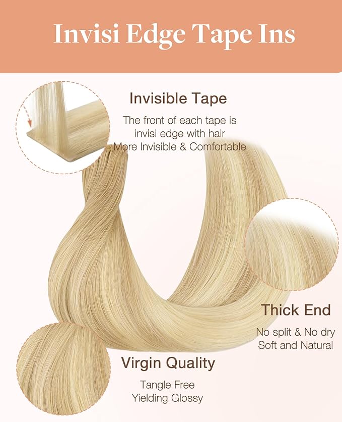 GOO GOO Invisi Edge Tape in Hair Extensions Human Hair, 18AT60A Pearl Ash Blonde Highlights, 10pcs 20inch 30g, Virgin Remy Hair, Seamless Injected Tape, Natural Look