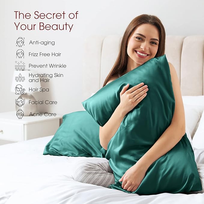 100% Silk Pillow Cases 2 Pack Queen Size Mulberry Silk Pillowcase for Hair and Skin Set of 2 Highest Grade 6A Silk Soft Breathable with Hidden Zipper, Teal