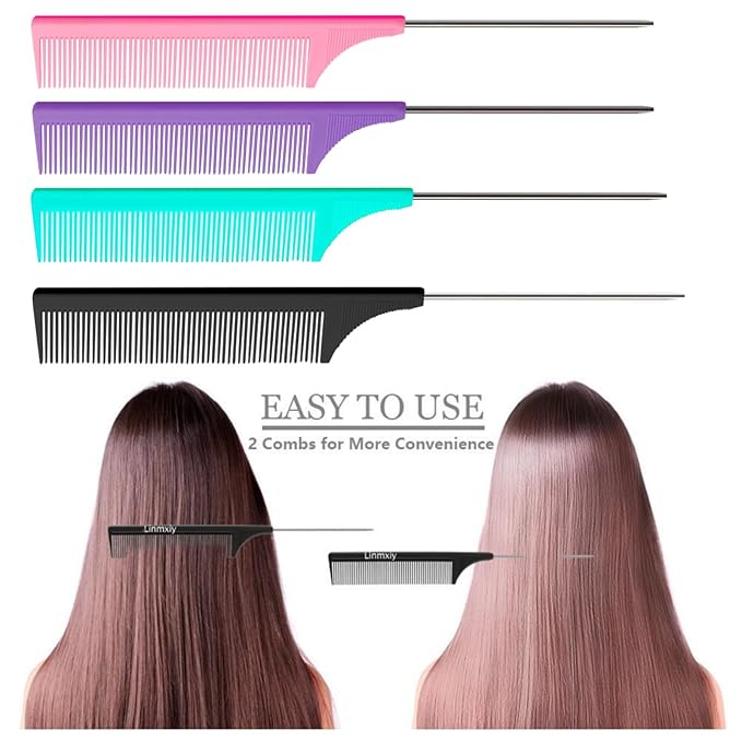 8pcs Rat Tail Combs Set,Long Steel Pin Teasing Combs for Salon Hair Stylists,2 styles and multiple colorsb of Metal Parting Combs for Women,Hair Teasing Fine Tooth Comb Aigee