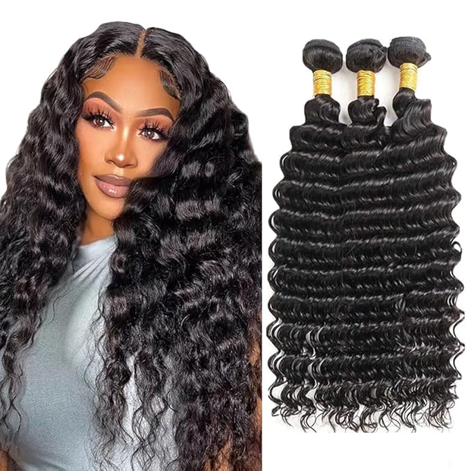 Human Hair Bundles Color 1B Deep Wave Bundles 20 22 24 Inch Niegmeag Hair Unprocessed Brazilian Virgin Remy Hair Extensions Double Weft Hair Weave