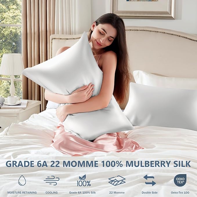 Silk Pillow Cases 2 Pack King Size Mulberry Silk Pillowcase Set of 2 for Hair & Skin 36 x 20 Inches 22 Momme Grade 6A Silk Soft Breathable Cooling with Hidden Zipper, White