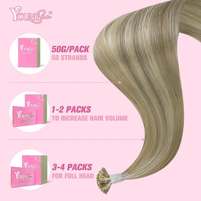 YoungSee K Tip Hair Extensions Human Hair Light Brown Pre Bonded K Tip Real Hair Extensions Light Brown Highlights Blonde Utip Natural Human Hair Highlight 14in Hot Fusion Hair Extensions 50s/50g