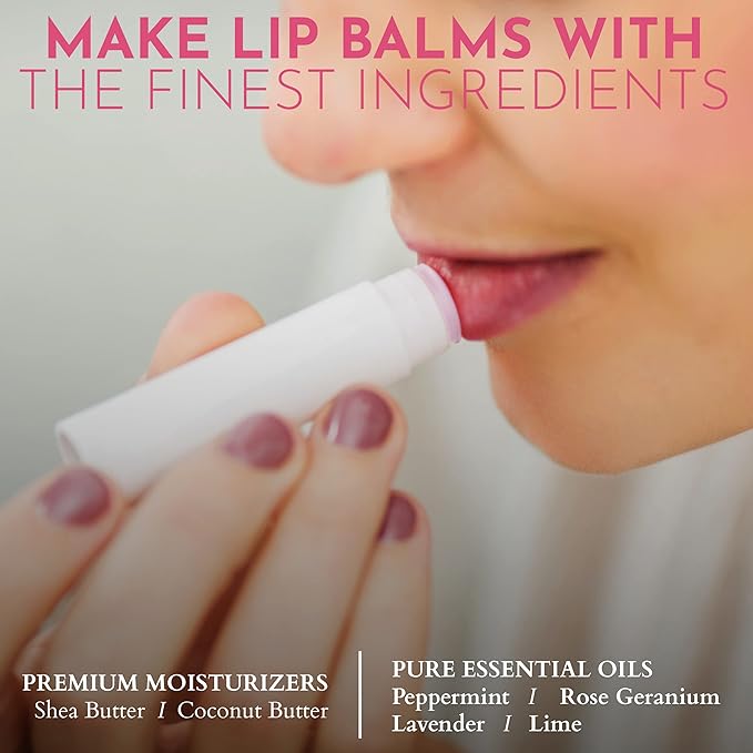 DIY Gift Kits 73-Piece DIY Lip Balm Kit | Includes All Natural & Organic Essential Oils, Shea Butter, Filling Tray & More | Makes 23 Homemade Lip Balms | for Dry & Chapped Lips | for Kids & Adults