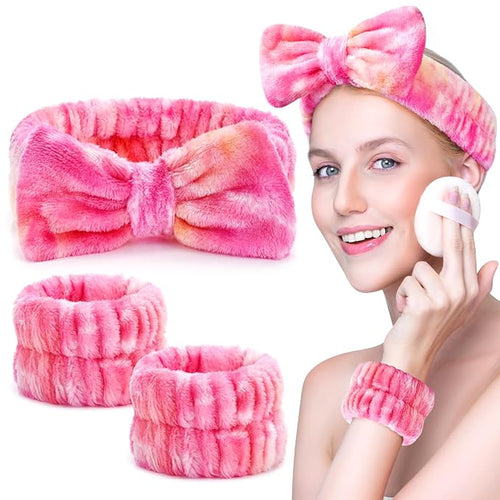 3PCS Spa Headband and Wristbands Set for Women, Soft Microfiber Face Wash Headband with Cute Bow, Elastic Absorbent Wrist Towels, Makeup Skincare Accessories for Facial, Shower, Yoga