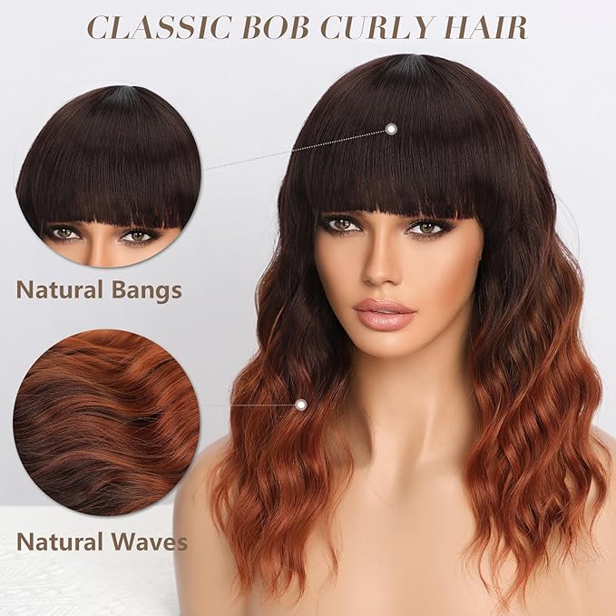 Nnzes Ombre Auburn Wig with Bangs for Women Shoulder Length Brown Bob Wavy Charming Synthetic Wigs with Natural Curly Heat Resistant Hair for Daily Party Use
