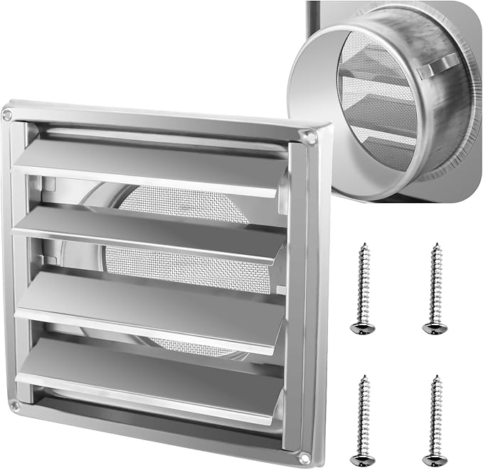 Funmit 5'' Metal Dryer Vent Cover with Fine Mesh Screen, 7" x 7" Stainless Steel Exterior Exhaust Louvered Outdoor Vent Cover Includes 4 Screw for Easy Installation