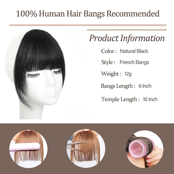 Clip In Bangs-Fake Bangs Hair Clip Natural Black Clip On Bangs Real Human Hair Curtain Bangs For Women Clips French Bangs Hair Extensions Fringe With Temples Hairpieces Curved Bangs For Daily Wear