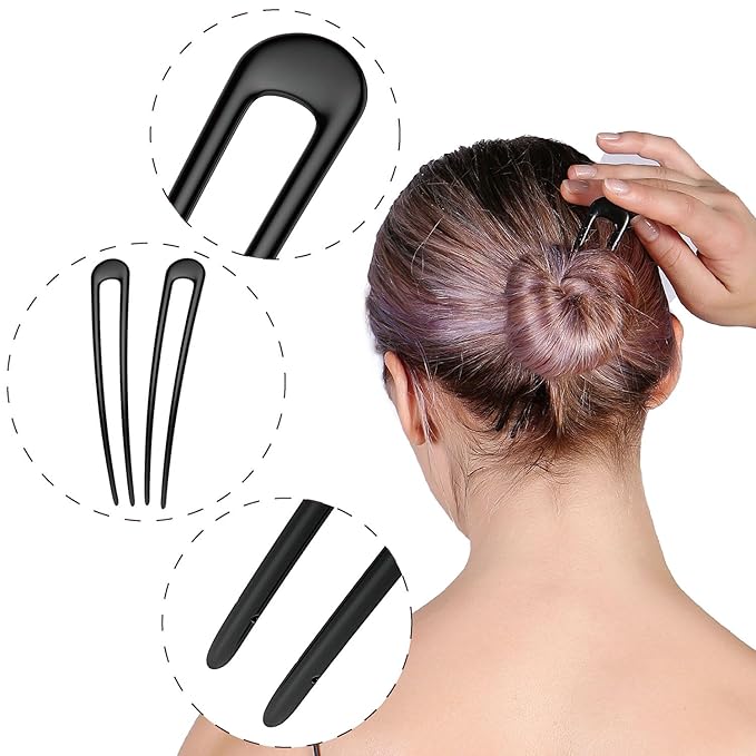 French Hair Pins Metal Hair Fork U Shaped Extra Long Chignon 2 Prong Sticks for Women Hair Accessories (Black- 2 Pieces)