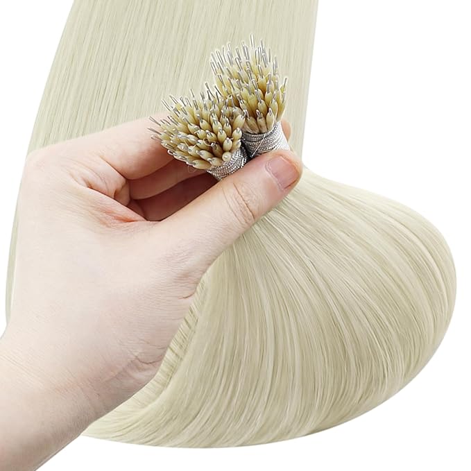 YoungSee Platinum Blonde Nano Beads Hair Extensions Human Hair 16inch Nano Ring Hair Extensions Real Human Hair White Blonde Nano-Link Extension for Weddings and Special Occasions 50s 50g