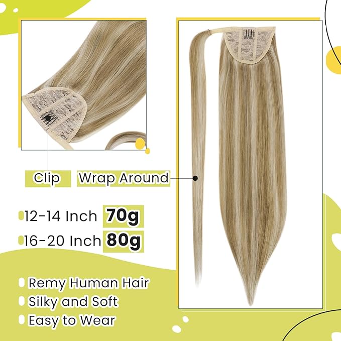 RUNATURE Ponytail Extension Human Hair Blonde, Real Hair Ponytail Extension, Human Hair Ponytail Wrap Around, Remy Natural Hair Tangle Free, 18 Inch 80g #16P22 Dark Ash Blonde Highlight Light Blonde