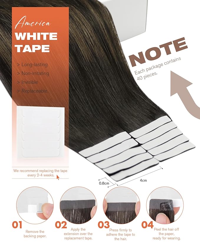 Sunny Hair Tape in Hair Extensions Human Hair 16 Inch Hair Extensions Real Human Hair Tape in Extensions for Women Darkest Brown Ombre Medium Brown Balayage Remy Hair Straight Skin Weft 40pcs 100g