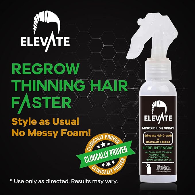 ELEVATE 5% Minoxidil Hair Growth Spray - Alcohol Free Non Oily Formula Extra Strength Professional Treatment for Hair Loss/Regrowth - Stimulate Hair Follicles for Men & Women - 1 Month Supply