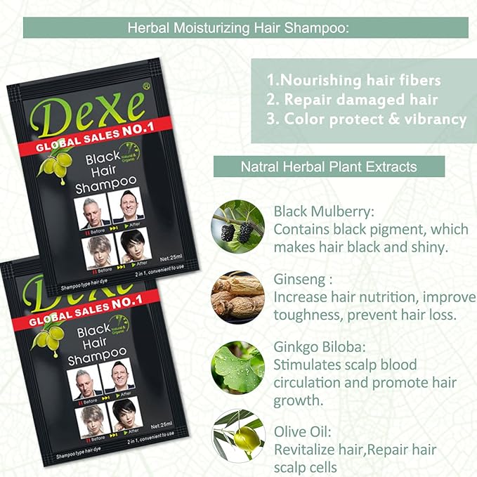 10 PCS Dexe Black Hair Shampoo Instant Hair Dye for Men Women Black Color - Simple to Use - Hair Dye Permanent - Last 30 days - Natural Ingredients, Hair Dye Shampoo Great Choice for Woman&Man
