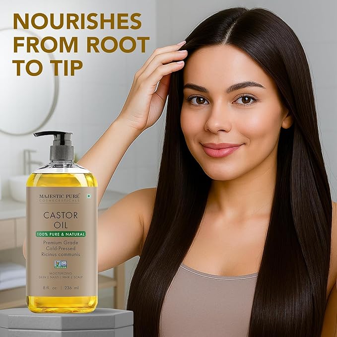 Majestic Pure Castor Oil - 100% Pure & Natural - Premium Grade, Cold Pressed, Hexane Free - Hair, Eyelashes, Eyebrows, Nails - Moisturizing & Nourishing - 8 Fl Oz