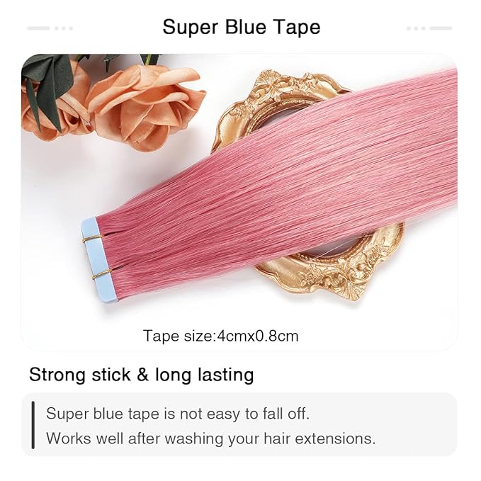 SUYYA Tape in Hair Extensions - Human Hair, Hot Pink, 18 Inch, 10PCS/Pack, Straight, 25g