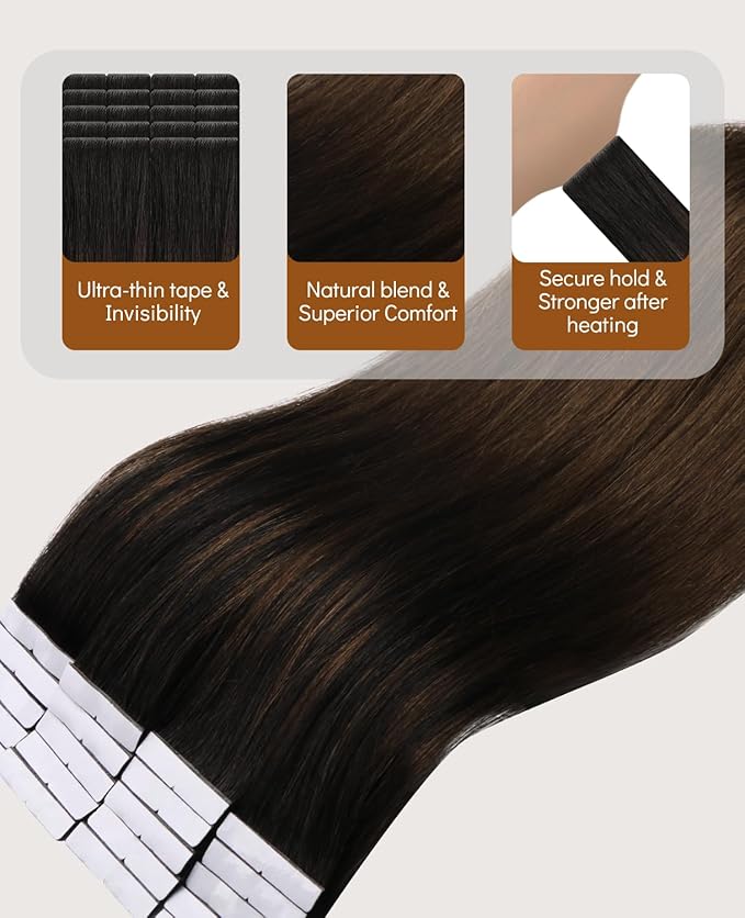 VINBAO Invisi Edge Tape in Hair Extensions 55g 20in Natural Black Ombre to Chocolate Brown 20pcs Invisible Injected Tape in Hair Extensions Real Human Hair 20inch #1BT4