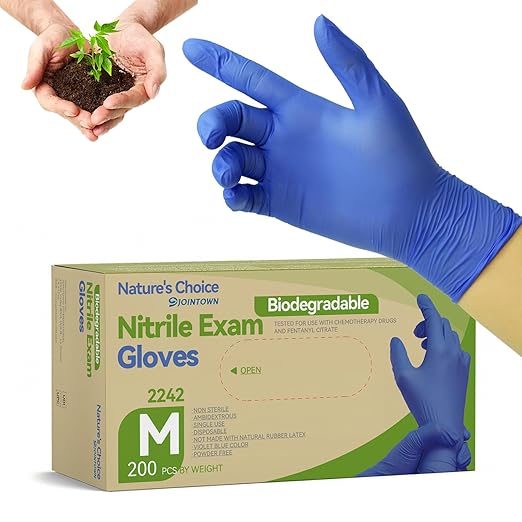 Jointown Biodegradable Nitrile Exam Gloves, Disposable Medical Surgical Gloves, Violet Blue Nitrile Glove, Latex Free, Food Safe, 200 Count, Medium
