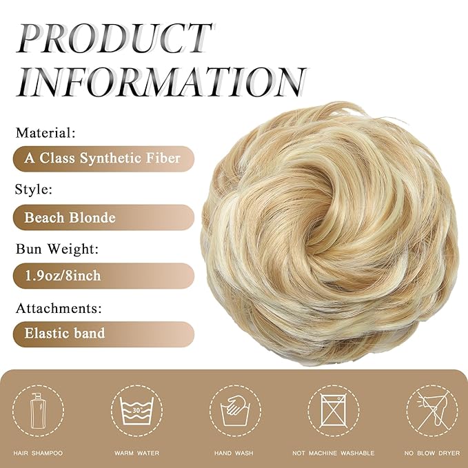 Large Messy Bun Hair Piece Curly Synthetic Extensions Scrunchies Fake Chignon Updo Hairpieces for Women Beige Blonde Highlights