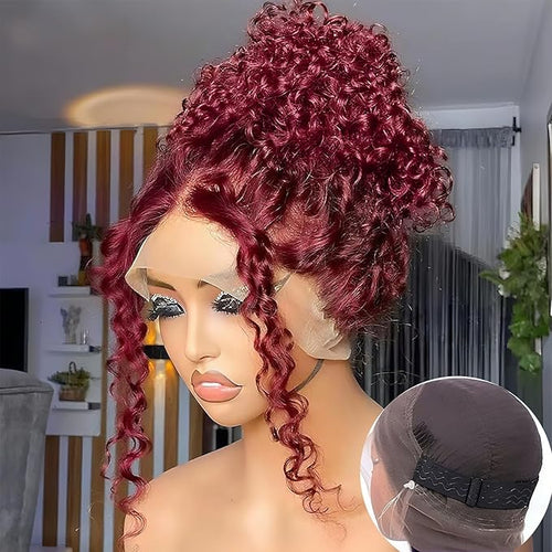 360 Deep Wave Lace Front Wigs Human Hair Burgundy Wig Human Hair Invisible Strap Pre Plucked Hidden Strap Pre Cut Lace Deep Wave HD Lace Frontal Wig with Drawstring 360 Glueless Wigs(24inch)
