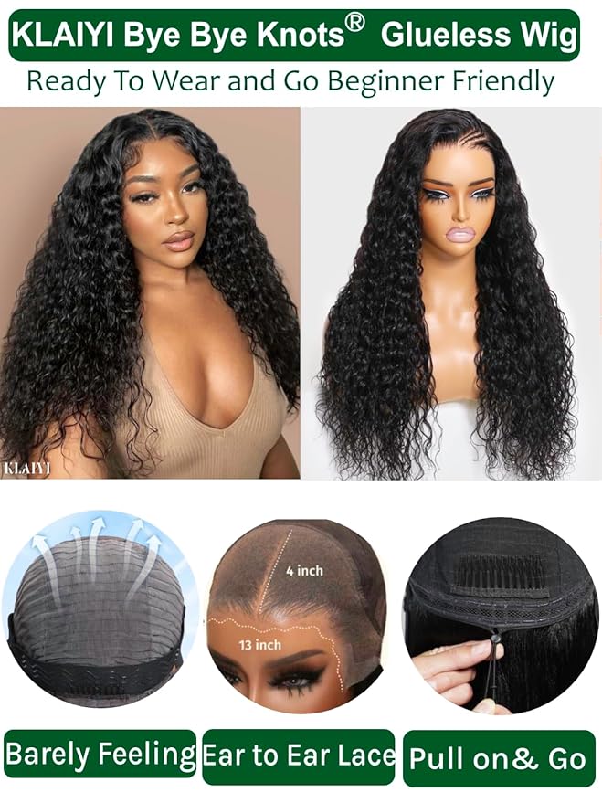 KLAIYI Water Wave Pre Everything Glueless 13x4 Lace Front Wigs Human Hair Precut Lace Pre Plucked Pre Bleached Bye Bye Knots Curly Wear and Go Beginners Wig with Drawstring 30S Ready to Wear 16Inch
