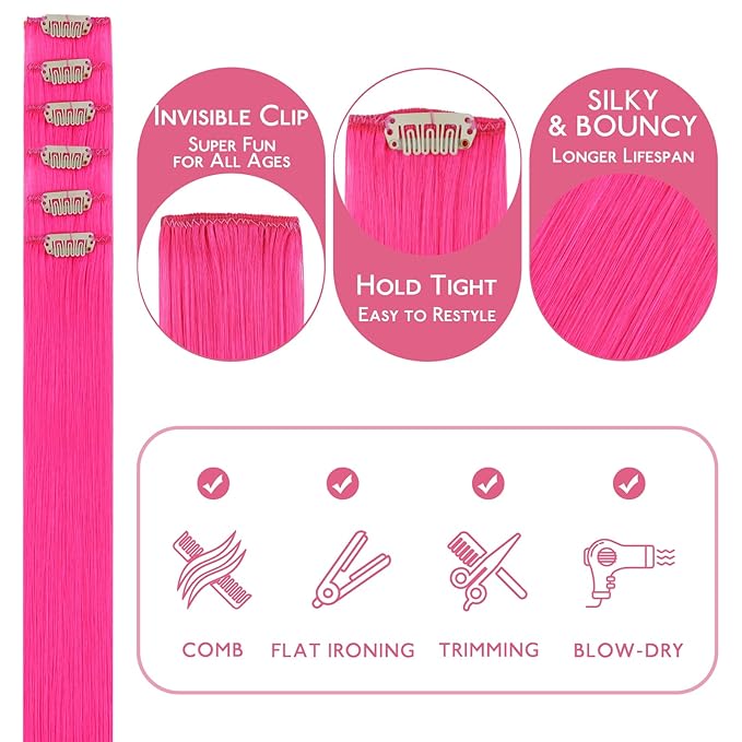 WENNALIFE Hot Pink Clip in Hair Extensions Real Human Hair 35g 6pcs 16 Inch Colored Hair Extensions for Kids Women Colorful Hair Pieces Pop-up Style Straight Extensiones De Cabello Humano Con Clip