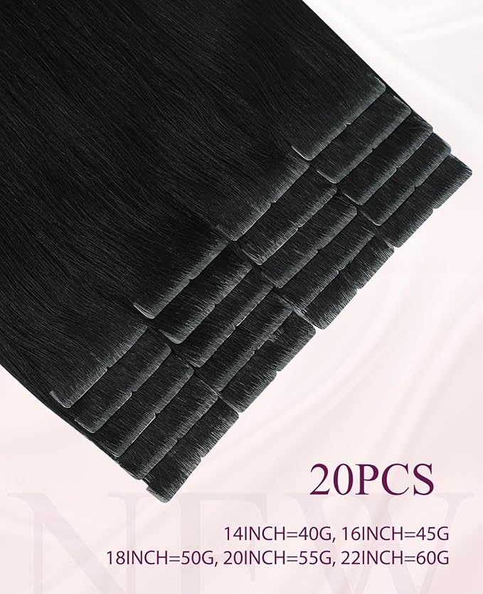 Pinkpearl Invisible Tape in Hair Extensions Human Hair, 20pcs 22inch 60g #1 Jet Black Injection Tape in Extensions Real Remy Straight Seamless Silky Human Hair Injected