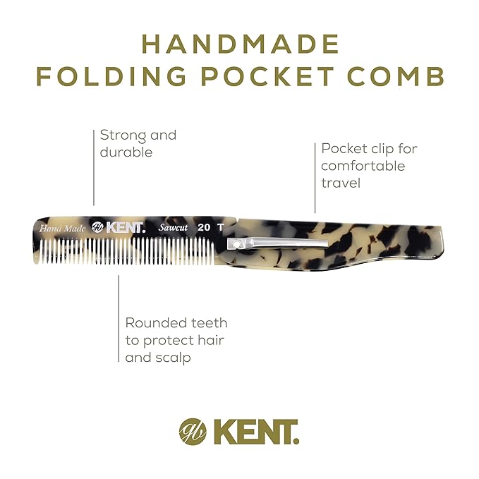 Kent 20T TW Handmade Folding Pocket Comb for Men, Fine Tooth Hair Comb Straightener for Everyday Grooming Styling Hair, Beard or Mustache, Use Dry or with Balms, Saw Cut Hand Polished, Made in England