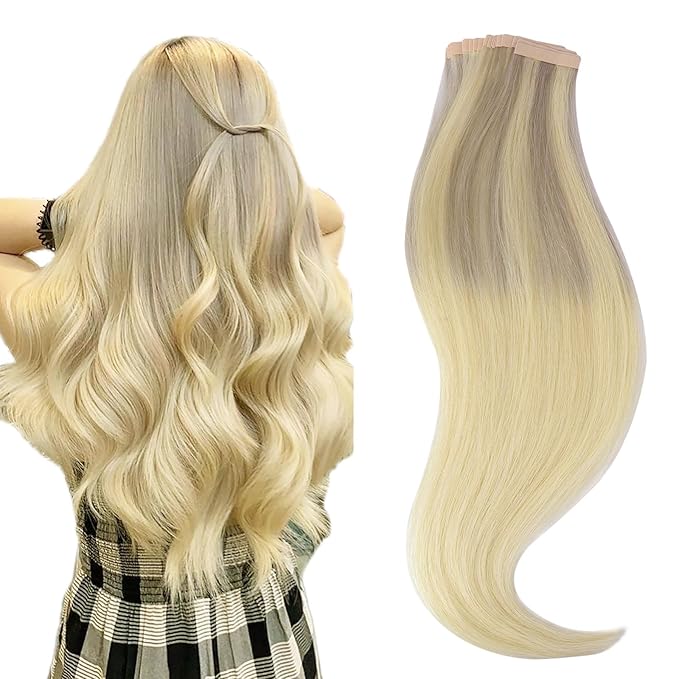 HOTBANANA Tape in Hair Extensions, 12 Inch 20pcs Ombre Ash Blonde to Golden Blonde and Platinum Blonde Tape in Hair Extensions Human Hair Tape Hair Extensions Straight Remy Tape in Extensions