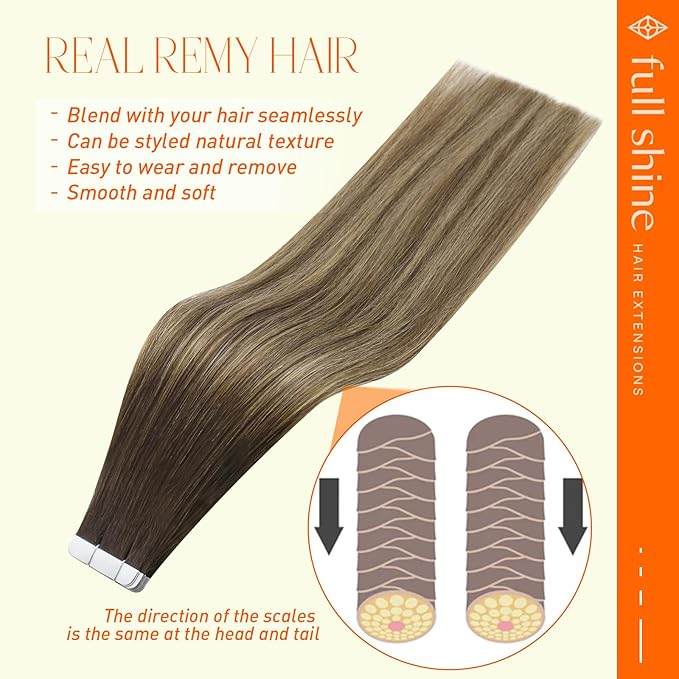 Full Shine Fashion Tape in Hair Extensions Human Hair Color 2 Brown Ombre 3 And 27 Honey Blonde Seamless Skin Weft Tape in Hair Extensions 20Inch Long Straight Hair Extensions Tape in 20Pcs 50G Party