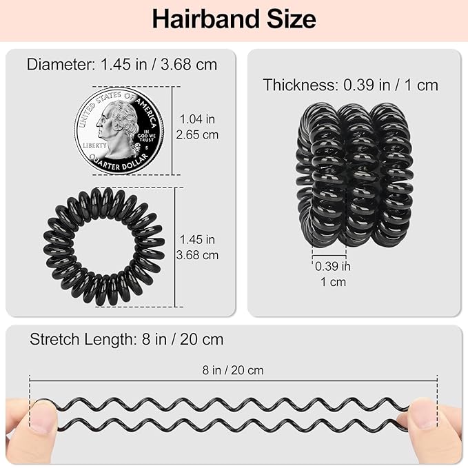 JessLab Spiral Hair Ties, 20 Pcs Traceless Phone Cord Hair Ties No Crease Spiral Bracelet Plastic Coil Ponytail Holders No-Damage Headband Hair Accessory for Girls Women Ladies Gift, Black