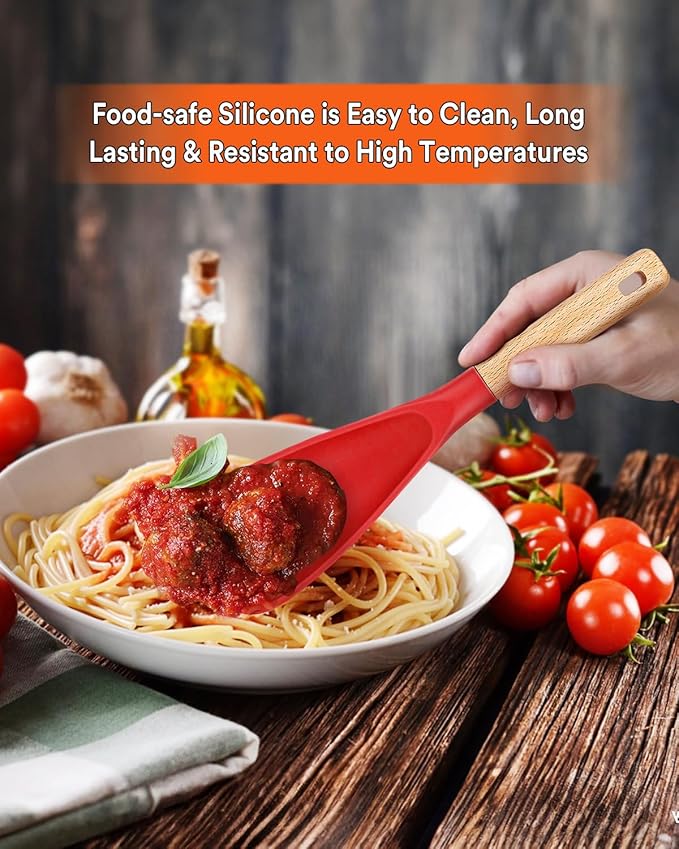 Cooking Spoon for Nonstick Cookwares, Great for Cooking and Serving Sturdy BPA-Free Matte Silicone, Wood Handle Spoon for Mixing, Scoop, and Scrape (AGR, 11.4 inch)