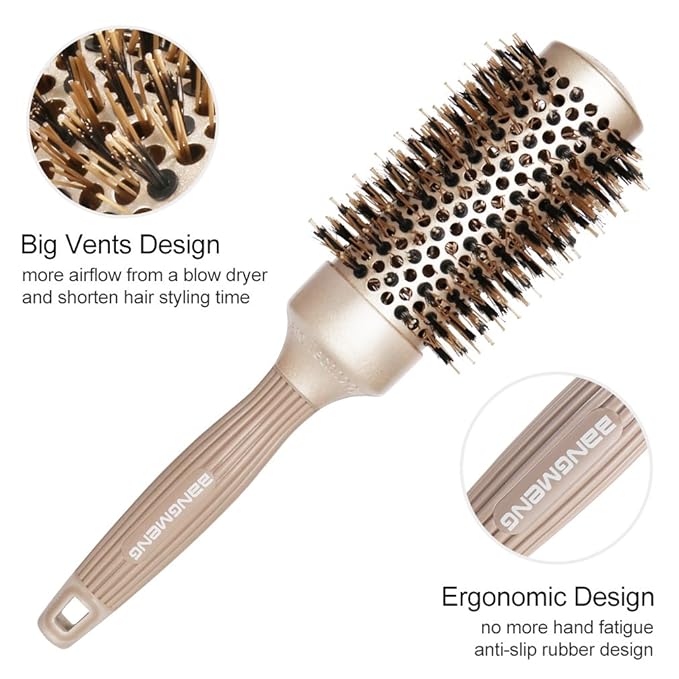 Round Brush Blow Out with Boar Bristles, Nano Thermal Ceramic Ionic Round Hair Brush for Women Blow Drying, Enhance Texture for Styling (1.75 Inch Barrel, 2.9 Inch with Bristle)
