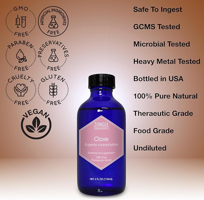 Clove Oil, Food Grade, for Teeth and Gums, Tooth Aches – 100% Pure, Clove, Bud, Essential, Oil, by Zongle Therapeutics, 4 OZ