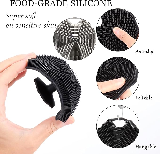 3Pack Silicone Body Scrubber, Qewro Body Buffer Exfoliating Brush with Silicone Loofah, Bath & Body Brushes for Men Women Kids Pets use in Shower, Scalp Exfoliator Hair Shampoo Skin Cleaning Brush