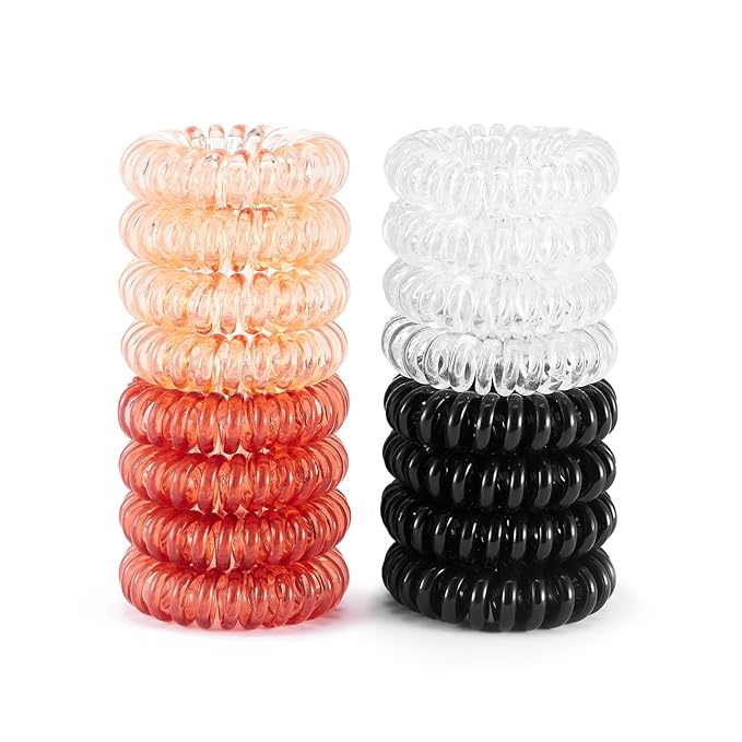 16Pcs Spiral Hair Ties, (Clear Brown&Red) Hair Elastic Coils for Women and Girls, Waterproof Phone Cord Hair Scrunchies Accessories Bands for Ponytails and Updos