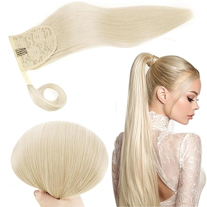 RUNATURE Blonde Ponytail Extension Human Hair, Real Hair Ponytail Extension, Human Hair Ponytail Wrap Around, Straight Remy Hair, Natural Looking For Daily Wearing, 18 Inch 80g #800 Platinum Blonde