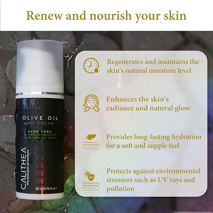 Calithea Day Cream Facial Moisturizer for Healthy, Glowing, Balanced Skin with Aloe Vera, Prickly Pear, Olive Oil