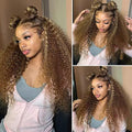 CYNOSURE 13x5 Highlight Ombre Lace Front Wig Human Hair 427 Colored Honey Blonde Deep Wave Curly Wig 180% Density HD Transparent Lace Frontal Wigs Human Hair 22 Inch