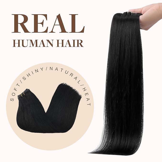 GOO GOO Clip in Hair Extensions Real Human Hair, Remy Human Hair Extensions Clip ins for Women, Natural Human Hair, 16inch 130g 7Pcs, 1 Jet black