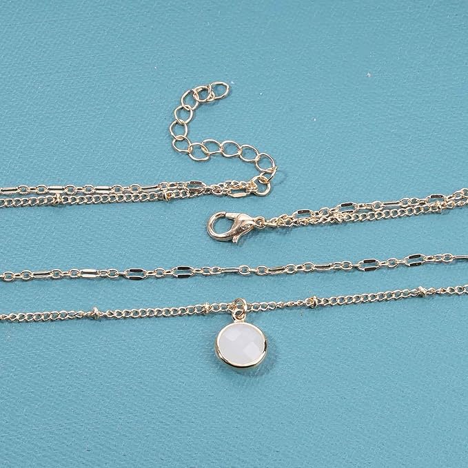 Boho Layered Opal Moonstone Necklace Choker Gold Round Opalite Necklace Clear Quartz Necklace Faceted Crystal Pendant Necklace Chain Jewelry for Women and Girls