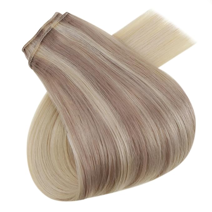 RUNATURE Wire Hair Extensions Real Human Hair, Balayage Invisible Fish Line Extensions, Straight Remy Natural Hair, Add Volume 14 Inch 70g #18/22/60 Ash Blonde to Light Blonde Mix Bleach Blonde