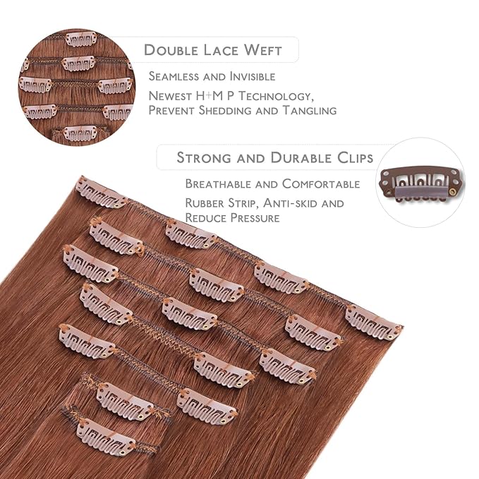 WENNALIFE Clip in Hair Extensions - 18 Inch 120g 7pcs Real Human Hair Clip Ins - Dark Auburn Copper Remy Hair
