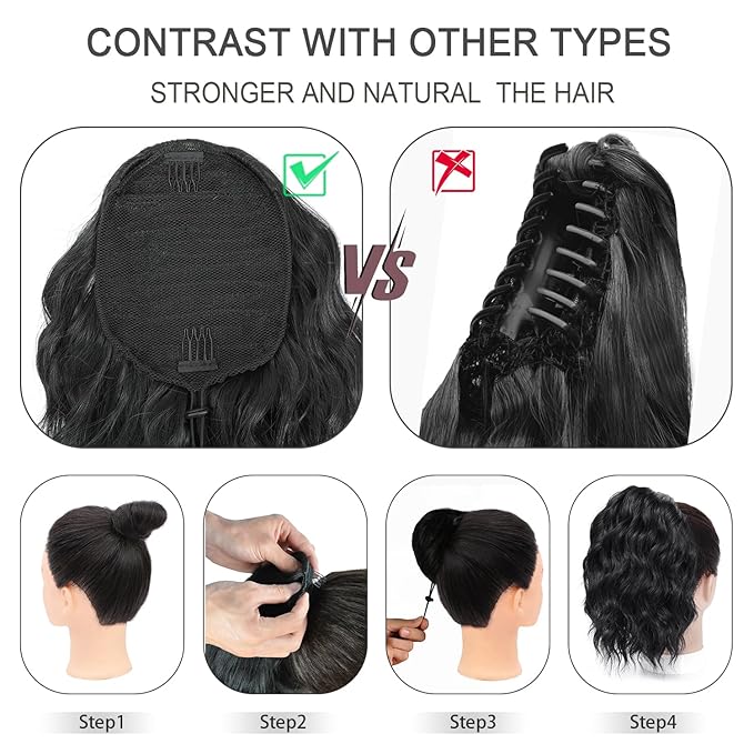 Ponytail Extension-12 Inch Drawstring Ponytail Hair Extensions for Women Synthetic Curly Wavy Fake Pony Tails Hair Pieces for Daily Party Use (Chestnut Brown Mix Golden Highlights)