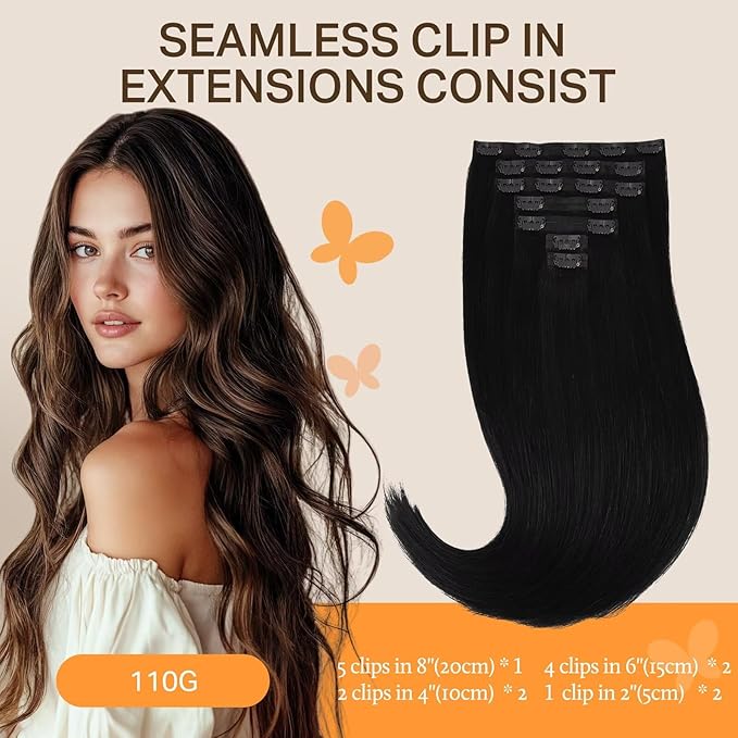DOORES Human Hair Extensions - Jet Black, 110g, 7pcs, 22 Inch Seamless Clip-in Skin Weft Remy Straight Invisi Edge