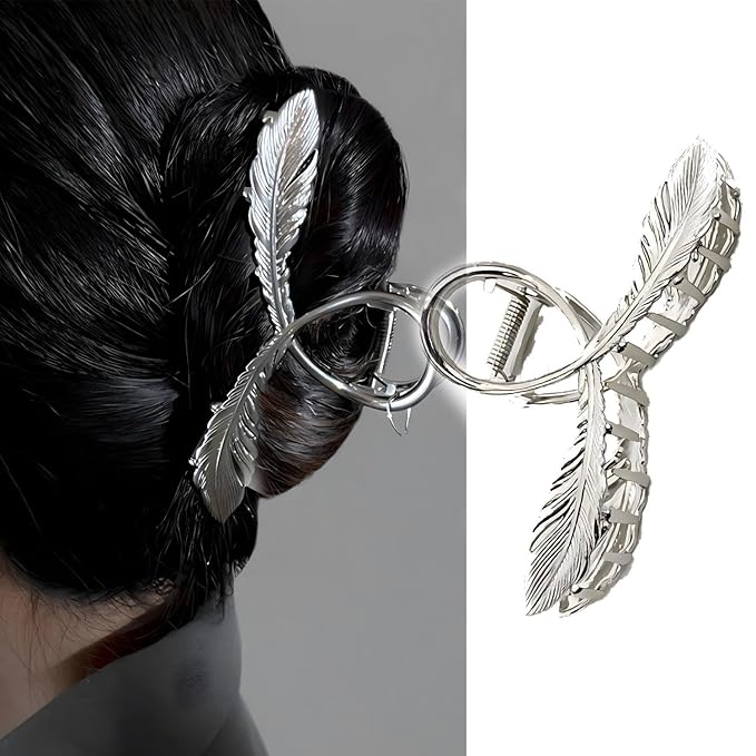Silver Feather Metal Hair Claw Clips, 1Pcs 4.52Inch Elegant Hair Claw Clips for Thin Thick Hair Accessories Alloy Feather Hair Claw Nonslip Ponytail Holder Shark Claw Women Girls