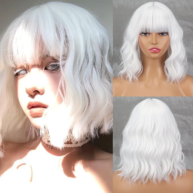 MISSQUEEN Short White Wig with Bangs,Wavy White Bob Wigs for Women Synthetic Wavy Bob Shoulder Length Wigs Natural Looking Heat Resistant Fiber hair Wig for Daily Party Cosplay Use