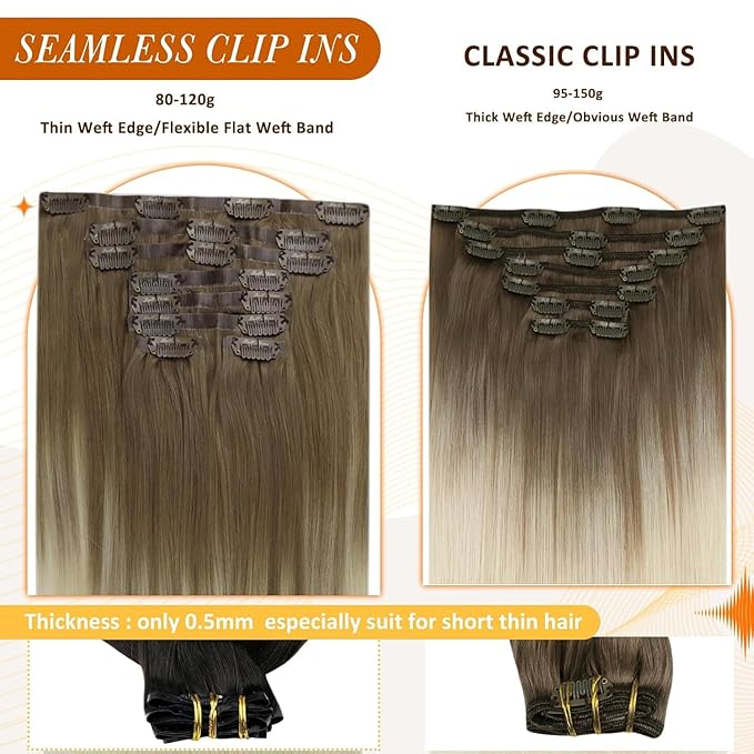 Full Shine Seamless Clip in Hair Extensions Human Hair Ombre Blonde Hair Extension Clip ins Ombre Light Brown to Platinum Blonde Hair for Women 14 Inch 8 PCS 120 Grams