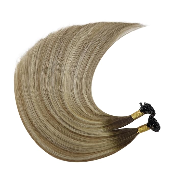YoungSee K Tip Hair Extensions Balayage 18In Keratin Hair Extensions Human Hair Ombre Dark Brown to Brown with Blonde Straight 50s/50g